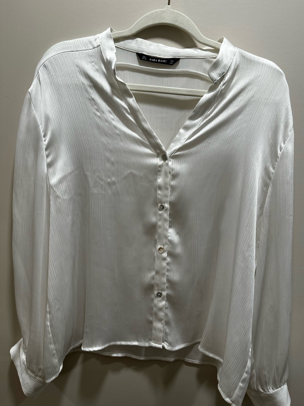 Zara White Satin Button-Front Blouse